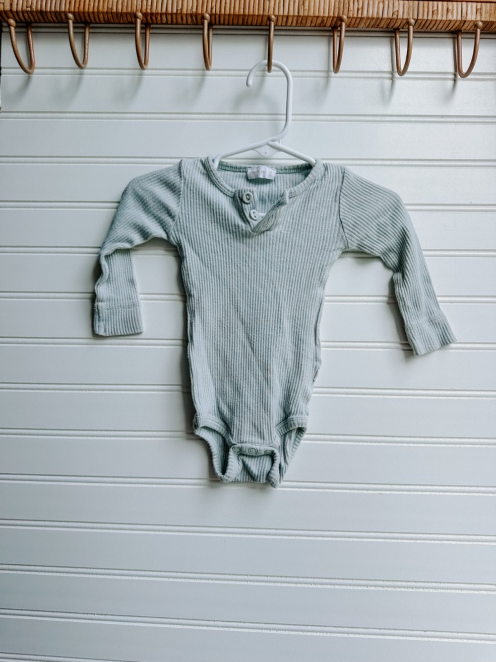 Jamie Kay Ribbed Long-Sleeve One-Piece in a blue gray green color.